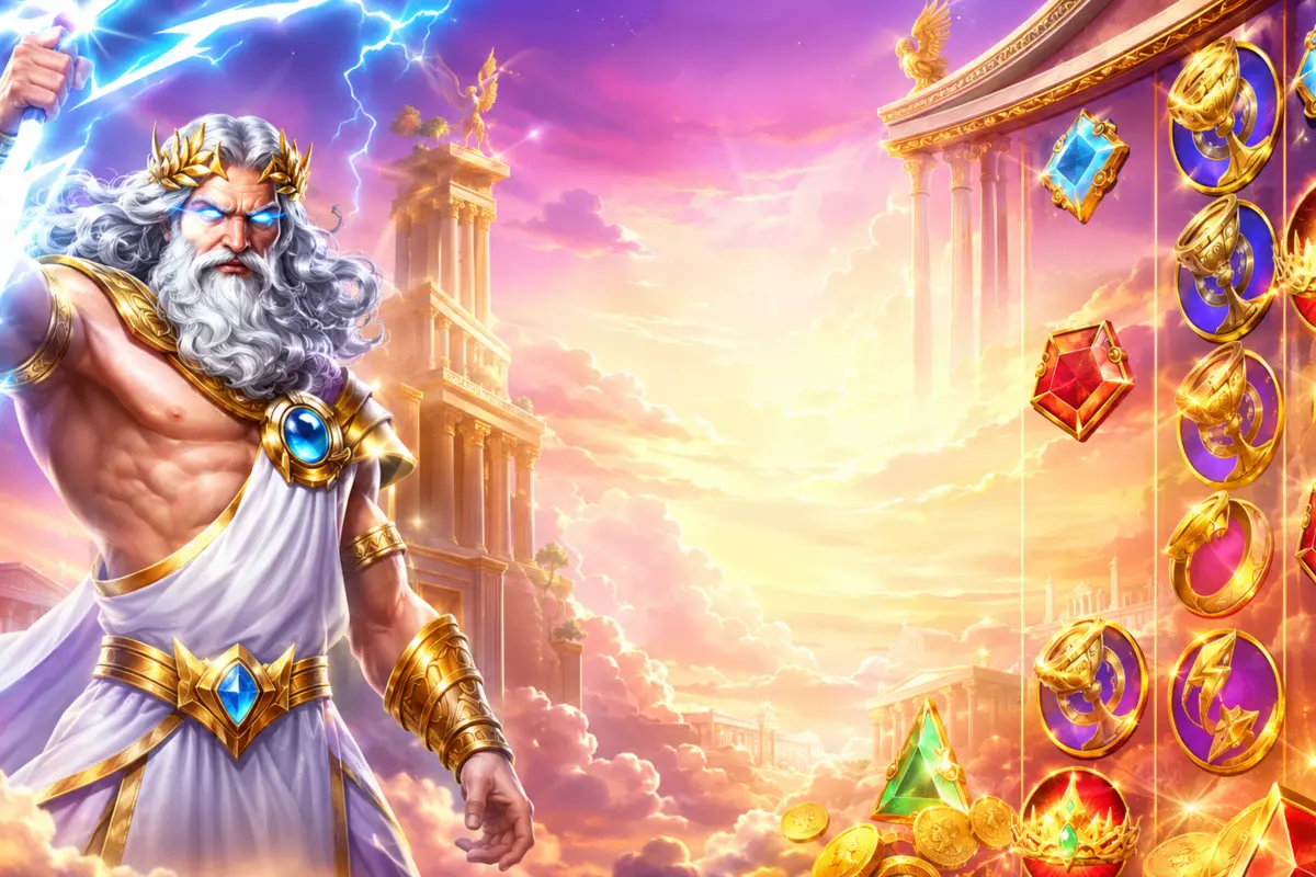Zeus and a Gates of Olympus style reel set in a wide demo scene