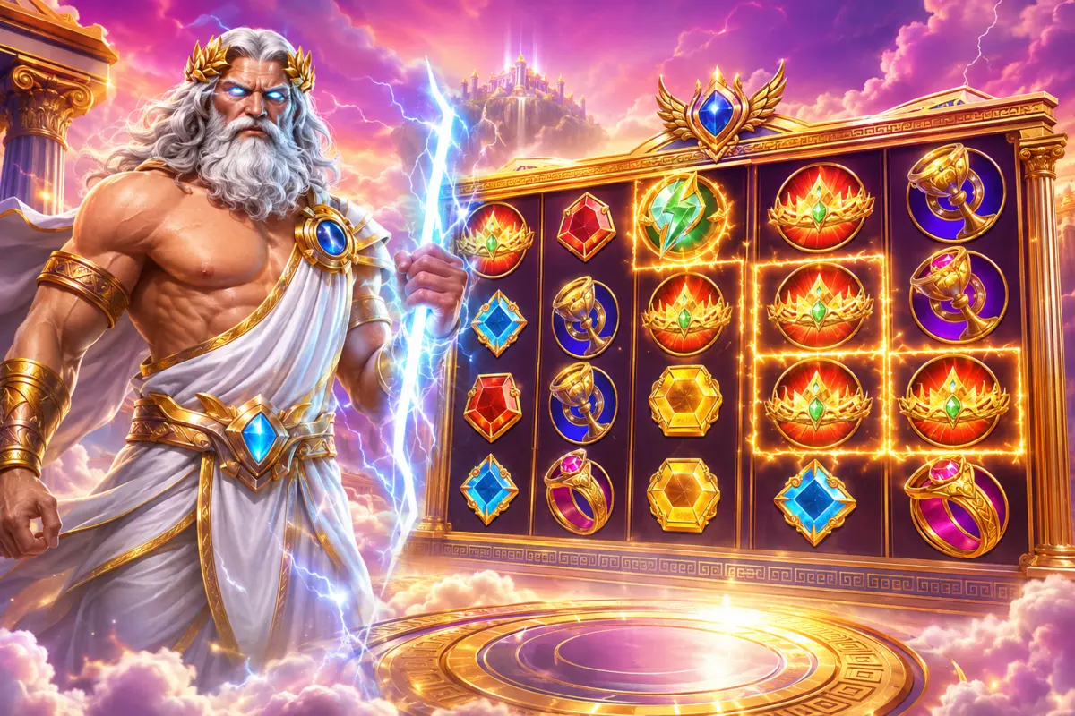 Zeus beside a Gates of Olympus style reel set